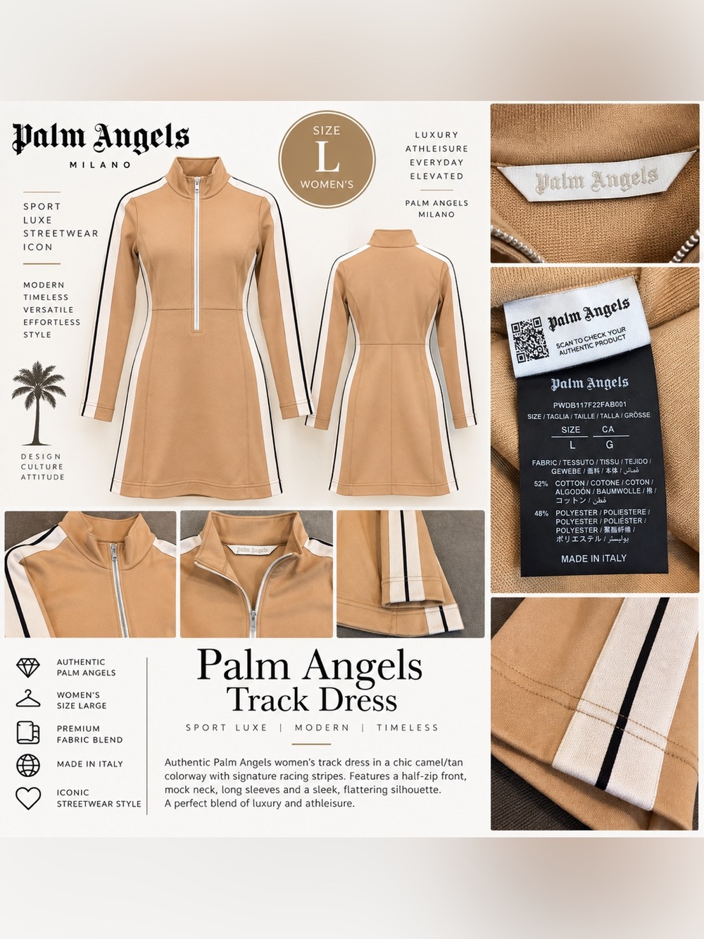 Palm Angels Women’s Camel/Tan Track Dress - Size L